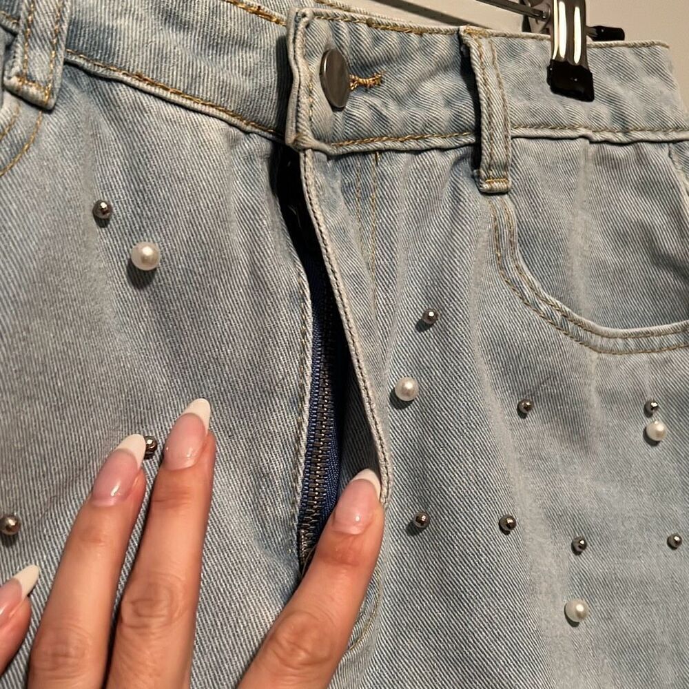 Women's Light Blue Ripped Embellished Side Slit Straight Wide Leg Jeans - Picture 5 of 10